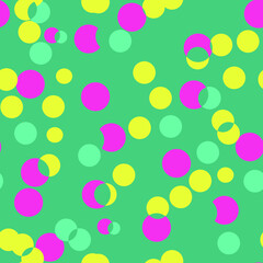 Multicolored circles on a light background. Seamless endless pattern a pattern of whole and cropped circles in yellow, pink, green on a green background