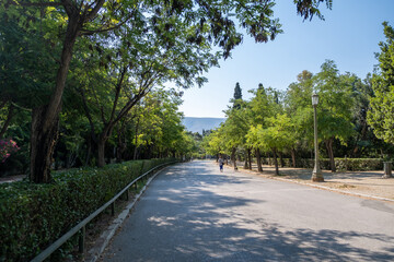 Woman walking with a dog, green park background, Athens Greece city center, Sunny spring day, blue sky