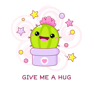 Give me a hug. Kawaii cactus asking for hugs