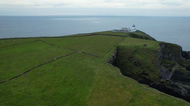 Aerial view of Galley Head Lighthouse in Rathbarry near Rosscarbery, County Cork, on the south coast of Ireland.