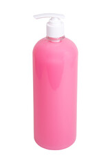 Pink liquid gel soap in dispenser bottle isolated on the white background