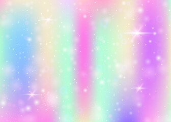 Magic background with rainbow mesh. Kawaii universe banner in princess colors. Fantasy gradient backdrop with hologram. Holographic magic background with fairy sparkles, stars and blurs.