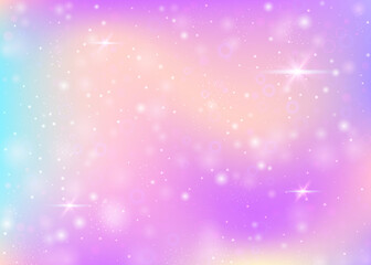 Holographic background with rainbow mesh. Multicolor universe banner in princess colors. Fantasy gradient backdrop with hologram. Holographic magic background with fairy sparkles, stars and blurs.