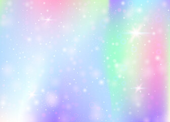 Magic background with rainbow mesh. Trendy universe banner in princess colors. Fantasy gradient backdrop with hologram. Holographic magic background with fairy sparkles, stars and blurs.