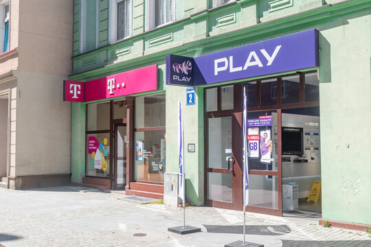 Szczecinek, Poland - May 31, 2021: T-Mobile and Play telecom store.