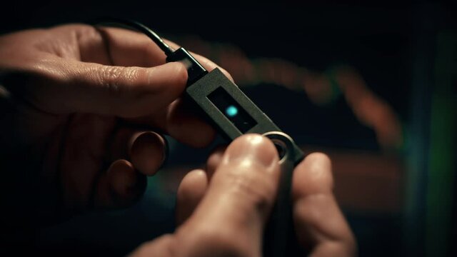 Crypto Hardware Wallet Plugged In. close up view of someone pluggin in their crypto hardware wallet and ready to enter password