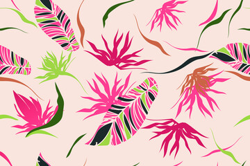 Fototapeta premium Tropical leaves. Modern exotic jungle plants illustration pattern. Floral seamless pattern. Fashionable template for design.