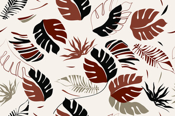 Fototapeta na wymiar Tropical leaves. Modern exotic jungle plants illustration pattern. Floral seamless pattern. Fashionable template for design.