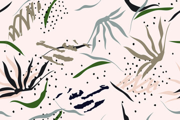 Tropical leaves. Modern exotic jungle plants illustration pattern. Floral seamless pattern. Fashionable template for design.