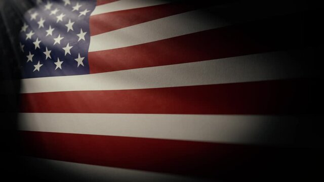 USA Flag Waving Reveal Angled with Light Rays. angled view of the USA flag revealed waving with light rays