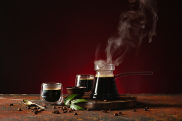 Composition with aromatic turkish coffee on color background