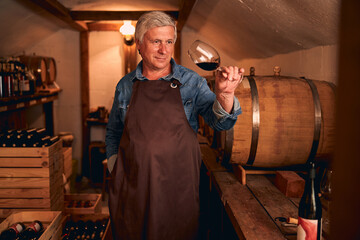 Male winemaker in apron holding glass of red wine