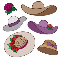 Set of Caps and Hats. Clothing accessories, colorful cartoon flat style. Vector illustration. Hand drawing. Summer season