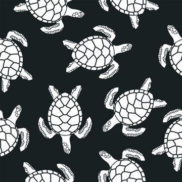 seamless pattern with sea turtles on black background