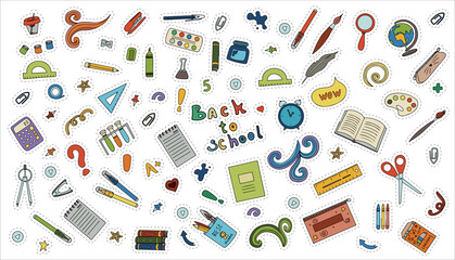 Back to school. Big vector doodle set. Stationery for school, university and office. Hand-drawn school supplies. A set of colored flat icons. Cartoon illustrations for elementary school.