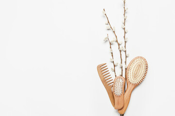 Hair brushes, comb and willow branches on color background - obrazy, fototapety, plakaty