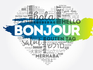 Bonjour (Hello Greeting in French) heart word cloud in different languages of the world