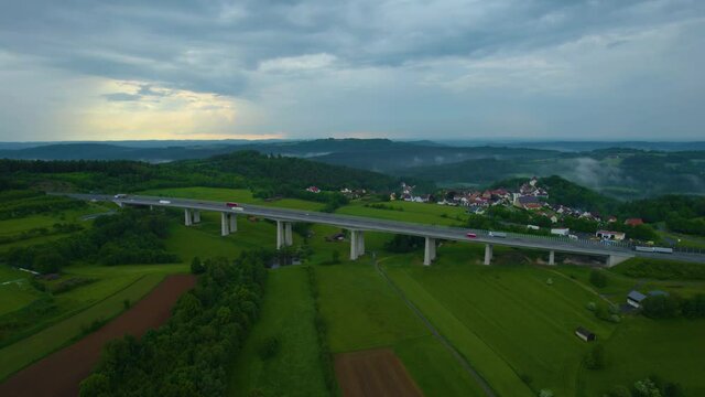 Aerial view around the village Trockau in Germany, Bavaria on a cloudy rainy day in Spring