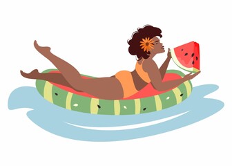 Beautiful young woman in bikini floating and sunbathing on inflatable ring in the shape of watermelon in swimming pool. Summer rest and vacation. Party invitation card. Vector flat illustration. 