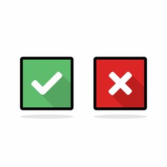 Check and wrong marks, Tick and cross marks, Accepted/Rejected, Approved/Disapproved, Yes/No, Right/Wrong, Green/Red, Correct/False, Ok/Not Ok - vector mark symbols in green and red. Black stroke and 