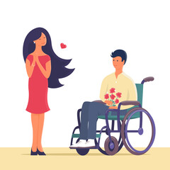 Young couple in love on a date. Man in a wheelchair. Gives her a bouquet of flowers. Beautiful girl standing nearby. Happy people. Vector cartoon illustration