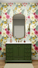 3d powder room render with sink mirror and flower wallpaper