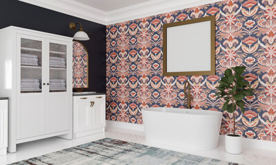 Luxury bathroom with wallpaper render with empty frame for mockup