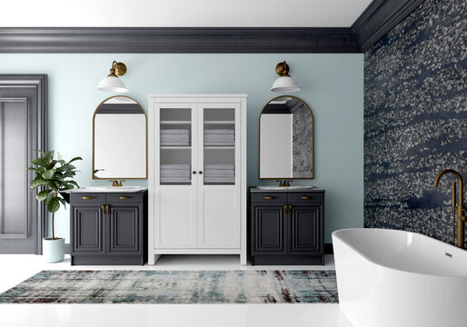 Luxury bathroom 3d render with blue wall and dark wallpaper