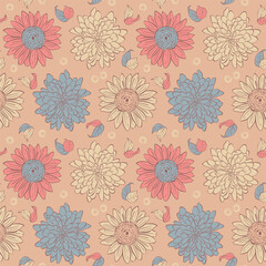 Fototapeta na wymiar Colorful Seamless Vector Pattern with Hand drawn flowers - for fabrics, clothing, holidays, packaging paper, decoration.