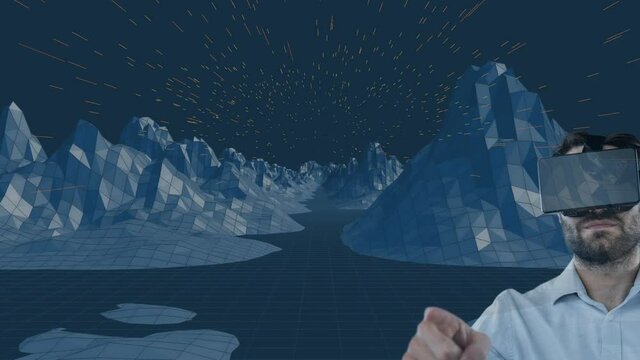 Caucasian man wearing vr headset against 3d mountain structures on grey background