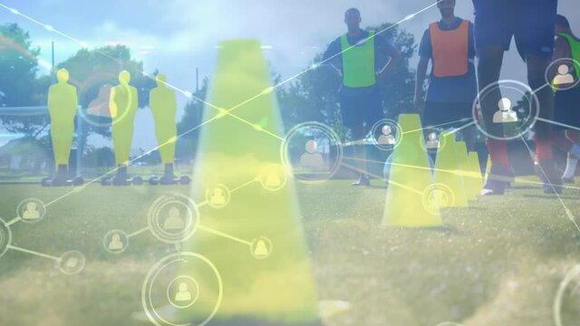 Animation of network of connections over football players practicing on football field