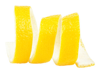 Delicious ripe lemon zest isolated on a white background. Citrus twist peel.