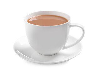 Delicious tea with milk on white background