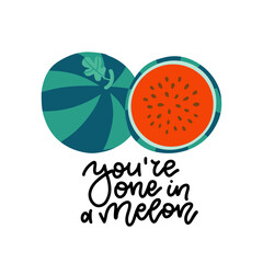 Emotional isolated print with sliced watermelon, hand writing quote You are one in a melon. Greeting bright card about love. Positive poster about summer. Flat vector illustration with lettering text.