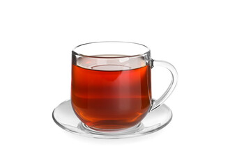 Glass cup of freshly brewed tea isolated on white
