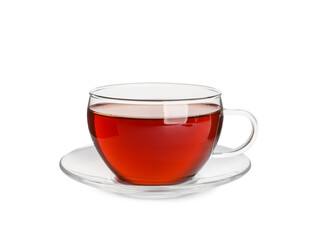 Glass cup of freshly brewed tea isolated on white