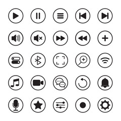 multimedia button player icon collection. black lines isolated on white background