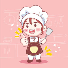 cartoon character chef holding a spatula in the kitchen pink background.