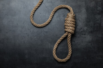 Rope noose with knot on black table, top view