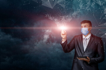 Businessman clicks on the network connection on the background of outer space.