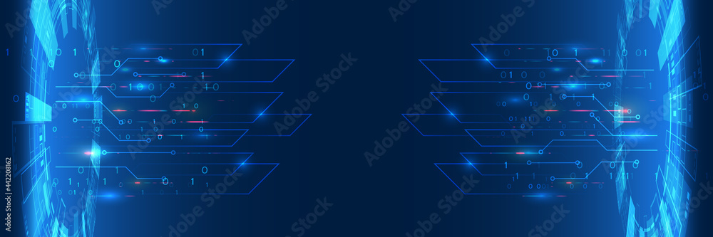Wall mural hi-tech computer digital technology concept. 3d futuristic glowing circle. wide perspective blue bac