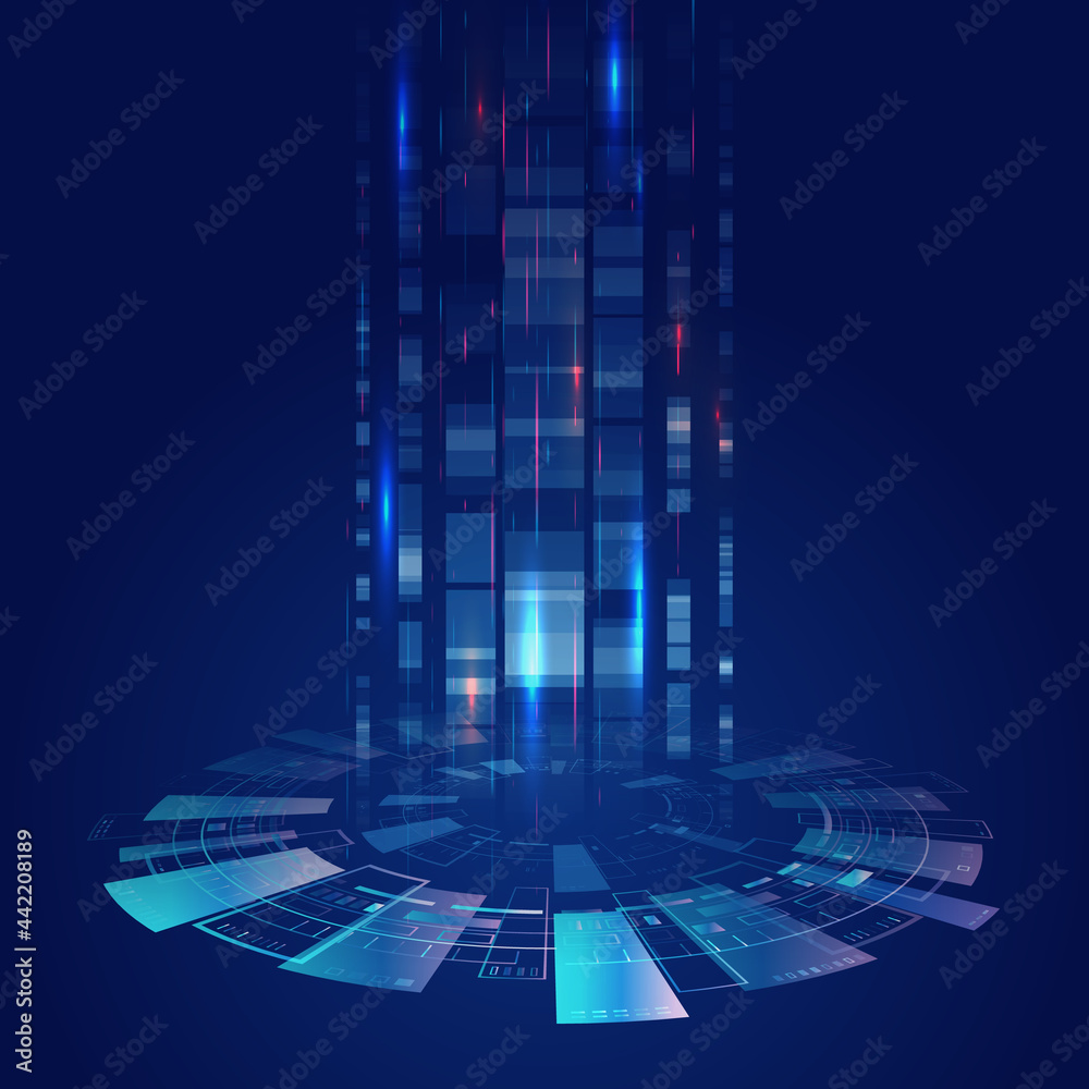 Aufkleber Wide perspective Blue background with various technological elements. Hi-tech computer digital technology concept. 3d Futuristic glowing circle.