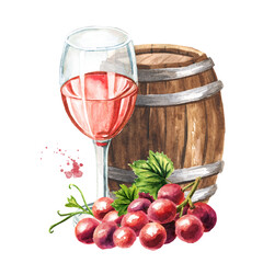 Rose wine glass with vine leaves and grape berries and Wooden barrel. Hand drawn watercolor illustration isolated on white background