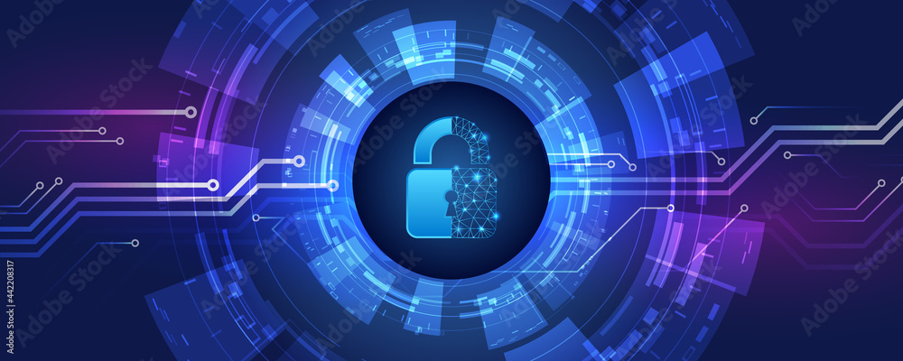 Fototapete Protection from virus attack. Global antivirus secure system. Abstract blue background with various technology elements. Futuristic padlock vector illustration. Cyber attack protection.