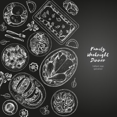 Family dinner top view, vector illustration. Friendly dinner table. Food menu. Engraved style background. Hand drawn sketch, design template.