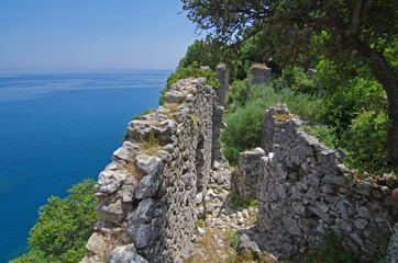 Mountain landscape with landmarks. Broken stone wall textures