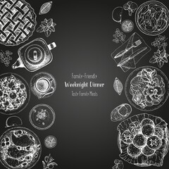 Family dinner top view, vector illustration. Friendly dinner table. Food menu. Engraved style background. Hand drawn sketch, design template.