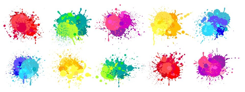 Paint splatter. Colorful spray paints splashes, rainbow colored ink stains, drops, blot. Abstract grunge color painted stains vector set. Bright liquid inkblots mix isolated on white