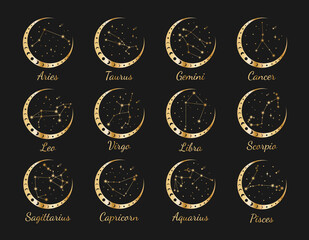 Set of 12 gold zodiac constellations with titles in wreath of moon and stars: Aries, Taurus, Gemini, Cancer, Leo, Virgo, Libra, Scorpio, Aquarius, Sagittarius, Capricorn, Pisces. Vector illustration - obrazy, fototapety, plakaty
