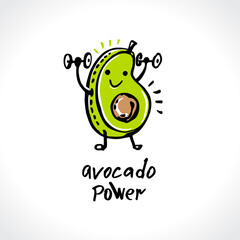 Avocado power. Cartoon funny illustration for a healthy lifestyle. Fitness, physical education and proper nutrition. Template for postcards, t-shirt print, etc. Vector template. Cute card
